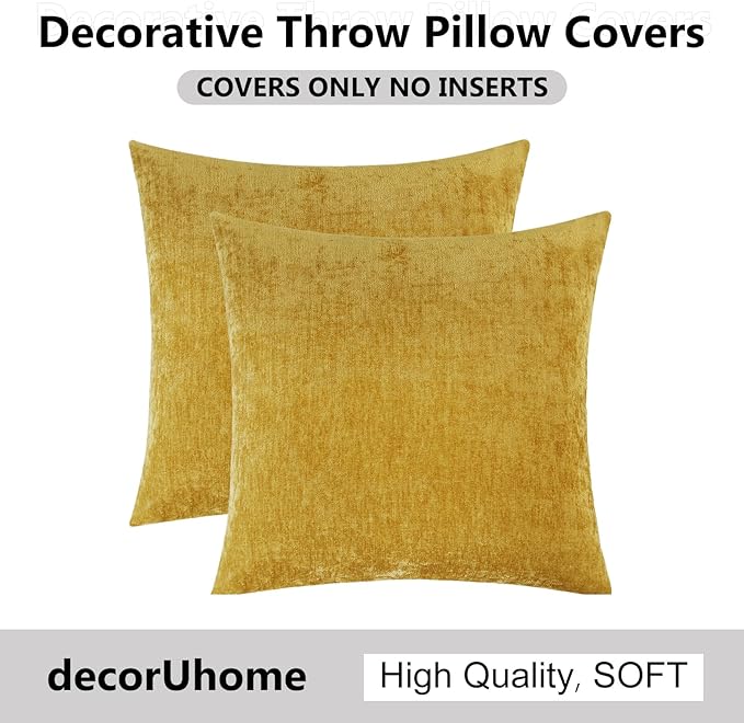 decorUhome Chenille Mineral Yellow Throw Pillow Covers 26x26 Inch Set of 2, Decorative Soft Couch Pillow Covers Solid Dyed Accent Velvet Farmhouse Neutral Square Pillow Cases for Sofa Bed Living Room