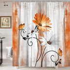 Rustic Farmhouse Shower Curtain, Farm Orange Daisy Floral Fall Flowers and Butterfly on Country Wooden Autumn Shower Curtain for Bathroom, Yellow Grey Gray Red Gold Curtain with 12PCS Hooks, 70X84IN