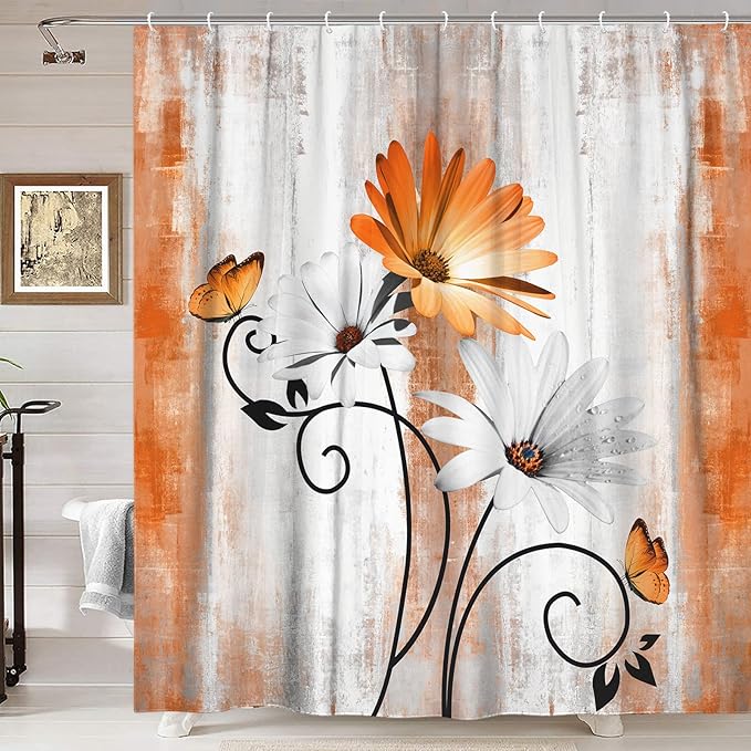Rustic Farmhouse Shower Curtain, Farm Orange Daisy Floral Fall Flowers and Butterfly on Country Wooden Autumn Shower Curtain for Bathroom, Yellow Grey Gray Red Gold Curtain with 12PCS Hooks, 70X70IN