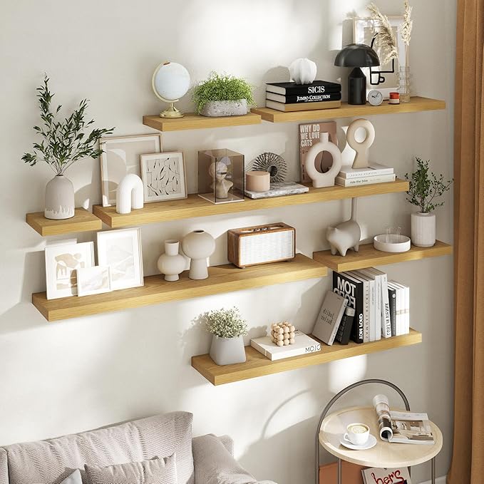 Floating Shelves for Wall with Invisible Brackets, Wall Mounted Engineered Wood Shelves with Wood Grain for Living Room, Bedroom, Bathroom, Kitchen Decor and Storage, Oak, 24"L Set of 2, Oak
