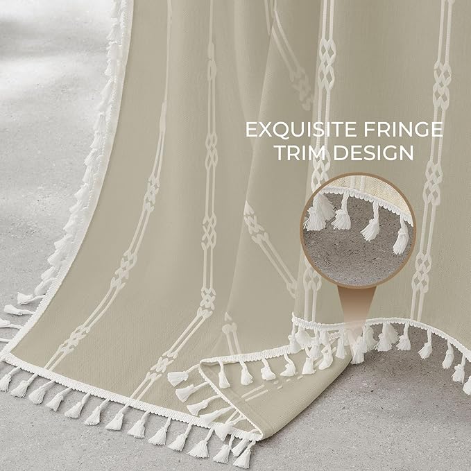downluxe Linen Texture 3 in 1 Farmhouse Shower Curtain Set with Tassel, Boho Fabric Shower Curtains for Bathroom, Taupe, 72W x 72L
