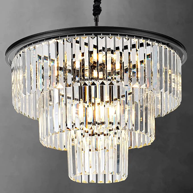 12 Lights 23.64" Black Modern Crystal Chandelier Crystal Pendant Ceiling Light Fixture 3-Tier Hanging Lighting for Dinning Room Bedroom Living Room Foyer
