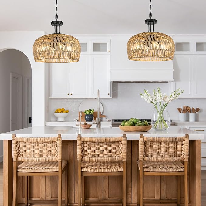 LynPon 18" Farmhouse Rattan Chandelier, 4-Light Boho Pendant Light Fixture with Woven Wicker Shade, Convertible Coastal Hanging or Ceiling Light Fixture for Dining Room Kitchen Living Room Foyer