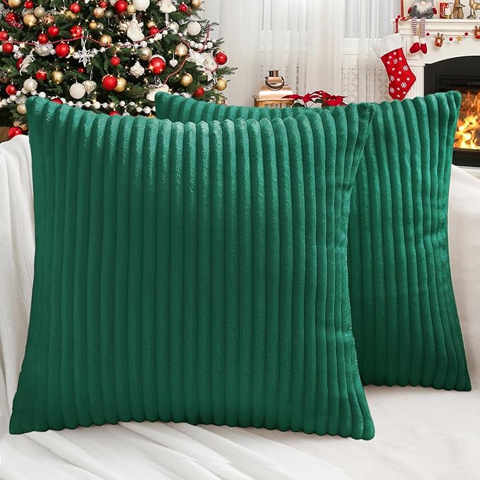 Simmore Decorative Throw Pillow Covers 16x16 Set of 2, Soft Natural Plush Flannel Double-Sided Fluffy Couch Pillow Covers for Sofa Living Room, Green