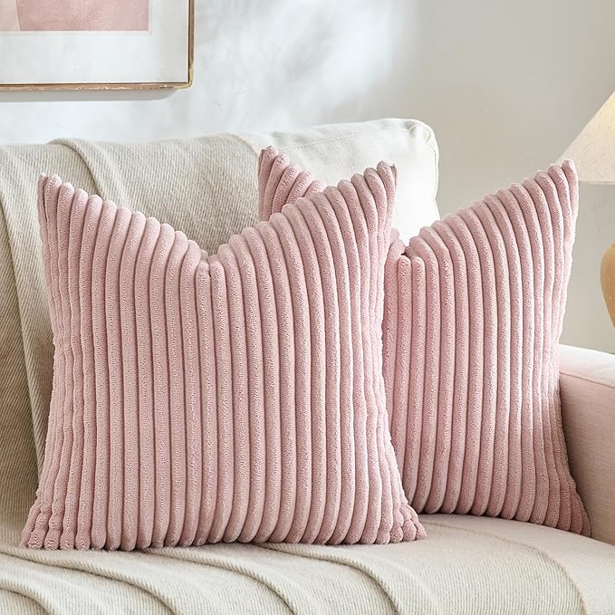 Fancy Homi Set of 2 Blush Pink Boho Decorative Throw Pillow Covers 18x18 Inch for Couch Bed Sofa, Aesthetic Modern Farmhouse Room Decor, Soft Fuzzy Fluffy Cozy Corduroy Textured Cushion Case 45x45cm