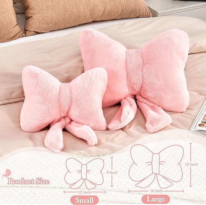 Pink Bow Pillow, Soft Bow Decorative Pillows with Faux Rabbit Fur, Cute 16" Bow Throw Pillows, Aesthetic Home Decor Bow Shaped Plush Pillow for Bedroom Sofa Couch