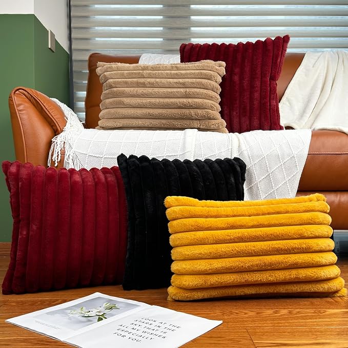 24x24 Pillow Covers, Decorative Faux Fur Throw Pillow Covers for Couch, Sofa Soft Fluffy Pillow Cover with Velvet Back for Living Room, Neutral Home Décor Accent for Bed - Wine Red