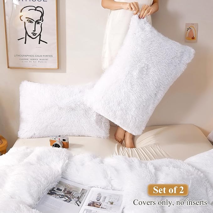 XeGe Faux Fur Throw Pillow Cases, Plush Shaggy Ultra Soft Pillow Covers, Fluffy Crystal Velvet Decorative Pillowcases, Furry Fuzzy Pillow Shams Zipper Closure, Set of 2(King, White)
