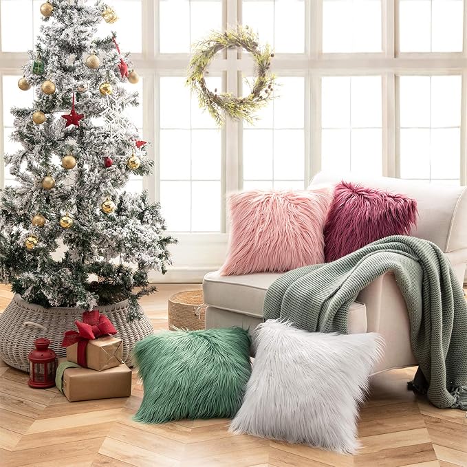 Phantoscope Faux Fur Solid Decorative Pillow Cover Fluffy Throw Pillow Mongolian Luxury Fuzzy Pillow Case Cushion Cover for Bedroom and Couch,True White 18 x 18 Inches