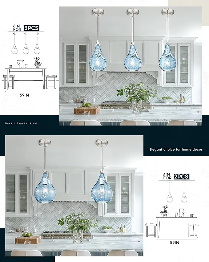 TENGXIN 2 Pack Kitchen Pendant Lighting Over Island 6 Inch,Hanging Pendants Light,Brushed Gold Finished Striped Glass Pendant Light,Farmhouse Pendant Light for Dining Room,Bedroom