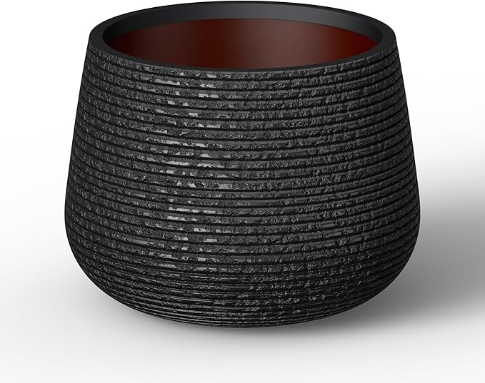 Kante 12.5" Dia Round Fluted Planter with Surface Indentations, Large Flower Pot with Drainage Hole for Indoor & Outdoor Plants, Black Finish with Warm Brown Interior