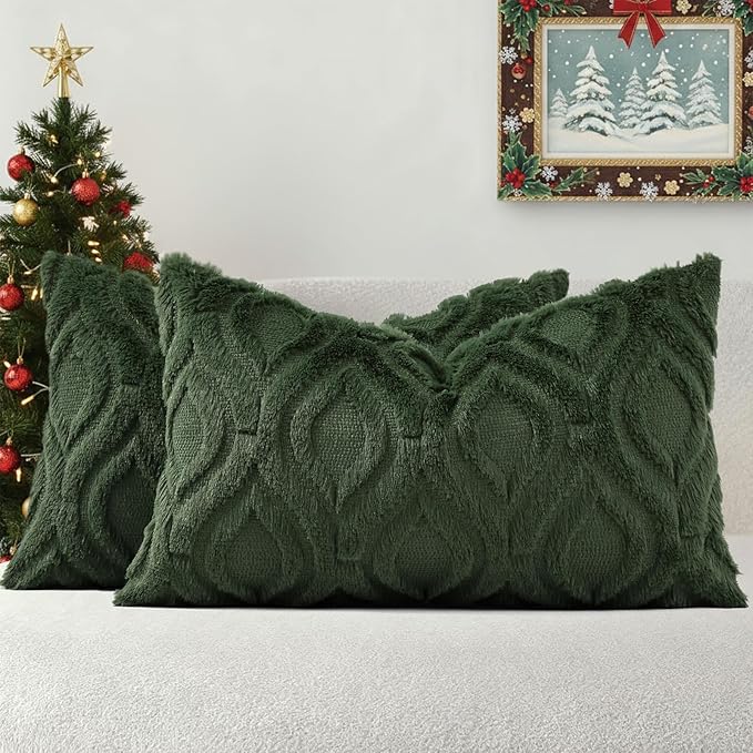 decorUhome Christmas Throw Pillow Covers 12x20 Inch Set of 2, Soft Plush Decorative Faux Fur Forest Elf Solid Couch Pillow Covers, Accent Farmhouse Neutral Lumbar Euro Pillow Cases for Sofa