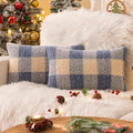 AQOTHES Blue White Plaid Winter Throw Pillow Covers 12x20 Inch Set of 2, Boucle Faux Fur Pillow Covers,Cozy Fluffy Home Living Room Farmhouse Decor for Sofa Couch Bed