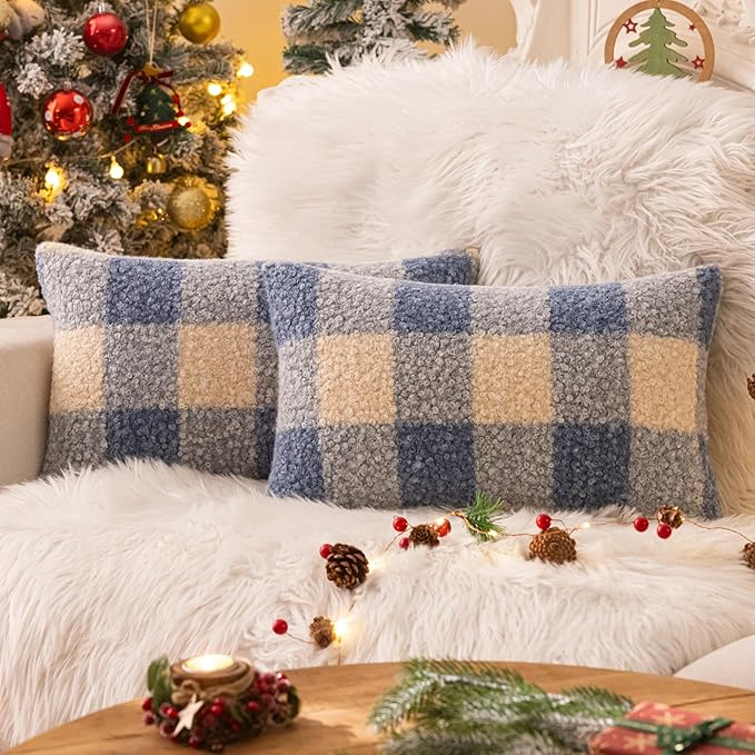 AQOTHES Blue White Plaid Winter Throw Pillow Covers 12x20 Inch Set of 2, Boucle Faux Fur Pillow Covers,Cozy Fluffy Home Living Room Farmhouse Decor for Sofa Couch Bed