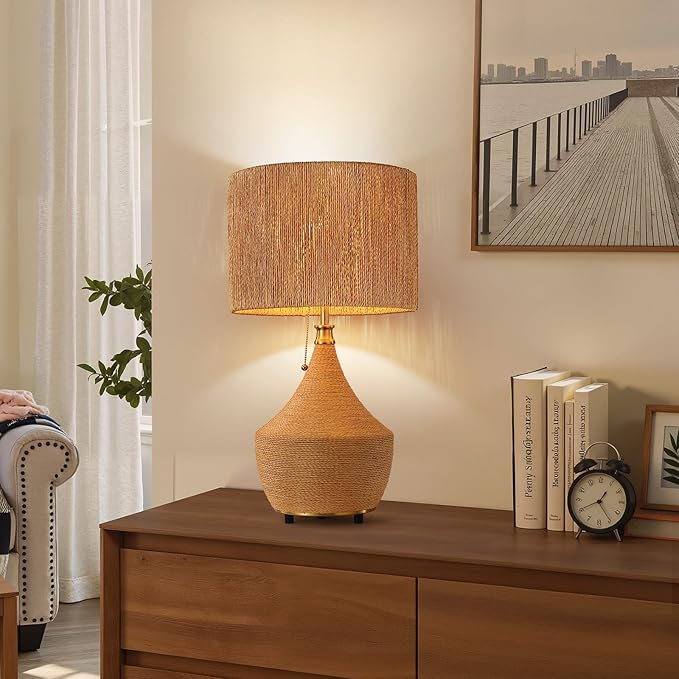 Rattan Lamp Boho Table Lamp - 23.62" Bedside Table Lamps for Bedroom Rustic Handmade Woven Lamp Nightstand Lamps with Pull Chain for End Table, Living Room, Farmhouse - E26 Socket (Tan-1PC)