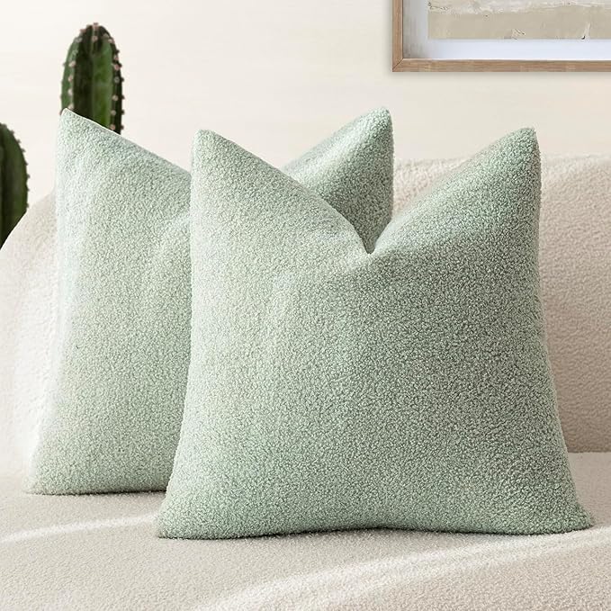 Foindtower Pack of 2, Curly Faux Fur Decorative Throw Pillow Covers Soft Fuzzy Plush Cushion Case with Zipper Cozy Pillowcase for Home Living Room Couch Bed Sofa 20 x 20 Inch, Sage Green