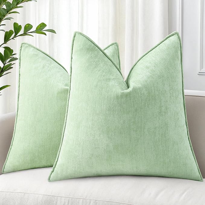 decorUhome Couch Throw Pillow Covers 26x26 Set of 2, Decorative Soft Euro Neutral Chenille Pillow Covers with Elegant Design for Sofa Bed Living Room Home Decor, Sage Green