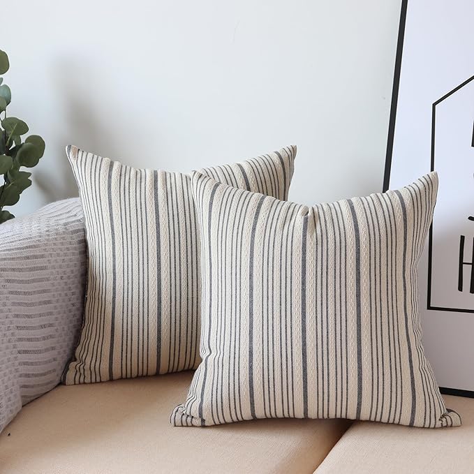 Gray Pillow Covers Farmhouse Linen Throw Pillow Covers Striped Outdoor Decorative Square Throw Pillows for Couch Sofa Bed 18x18 in Pack of 2 Gray and Cream
