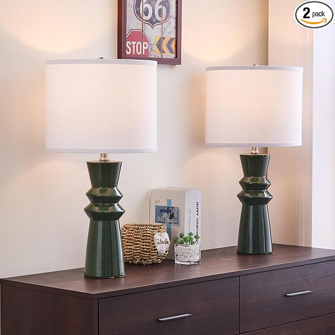 24.75" Green Lamps Set of 2 for Living Room, Ceramic Green Table Lamps for Bedroom Set of 2, Dark Green Bedside Lamp for Nightstand, Retro Table Lamp Set 2 for Buffet, Home Office