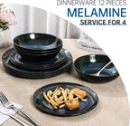 Melamine Dinnerware Set, 12pcs Plates and Bowls Set, Blue Dinner Dishes Set for Indoor and Outdoor, BPA-Free, Dishwasher Safe