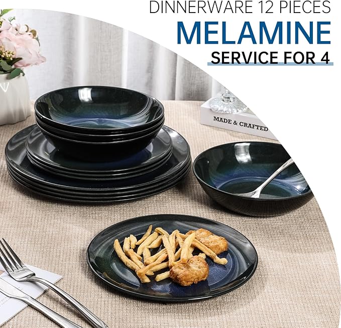 Melamine Dinnerware Set, 12pcs Plates and Bowls Set, Blue Dinner Dishes Set for Indoor and Outdoor, BPA-Free, Dishwasher Safe