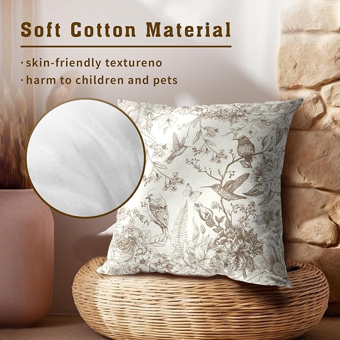 Vintage Floral Throw Pillow Covers 22x22 Inch, Set of 2 Brown Cream Chinoiserie Flowers Square Pillowcases Cushion Cover for Outdoor Indoor Room Couch Bed Sofa Car Decoration