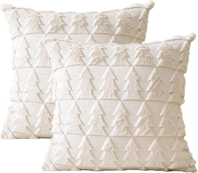 OTOSTAR Set of 2 Soft Plush Short Wool Velvet Decorative Throw Pillow Covers Square Luxury Style Cushion Case Pillow Shell for Sofa Bedroom Christmas Tree Cream Beige, 22x22 Inch