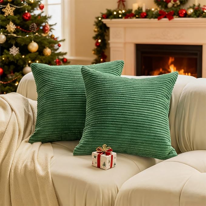 Home Brilliant Spring Decorative Spring Pillow Covers for Couch Plush Corduroy Striped Green Throw Pillow Covers Set of 2 for Living Room Sofa Bed Decor, 45cm, 18 x 18 Inch, Green