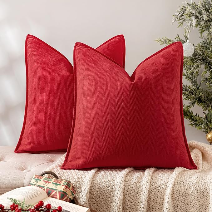MIULEE Pack of 2 Christmas Red Decorative Pillow Covers 22x22 Inch Soft Chenille Luxurious Couch Throw Pillows Farmhouse Cushion Covers Euro Shams with Elegant Design for Sofa Bedroom Home Decor