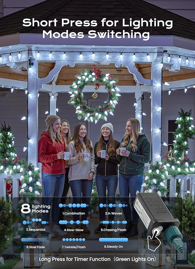 C9 Christmas Lights Outdoor, 33 FT 50 LED Connectable C9 String Lights with 8 Modes and Timer Extendable Xmas Tree Patio Roofline Garden Yard Holiday Party Indoor Outdoor Decoration, White