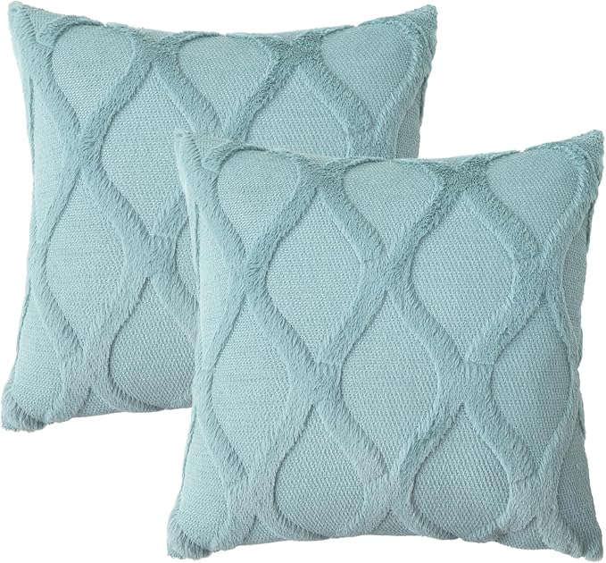decorUhome Throw Pillow Covers 20x20 Inch Set of 2, Soft Plush Faux Fur Wool Aqua Couch Pillow Covers, Decorative Neutral Pillow Cases for Bed Sofa Living Room Home Decor