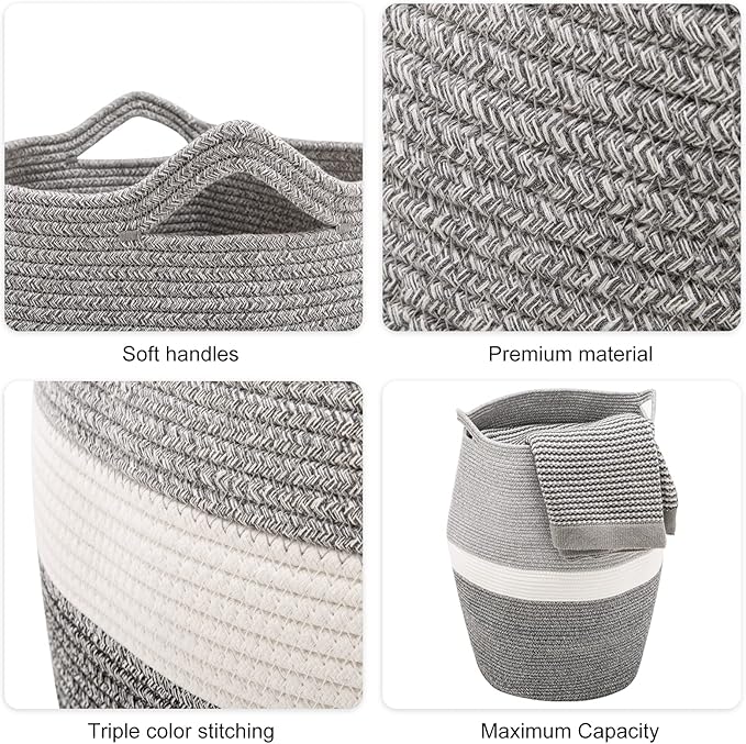 Cotton Rope Laundry Hamper by YOUDENOVA, 105L - Woven Collapsible Laundry Basket - Clothes Storage Basket for Blankets, Laundry Room Organizing, Bedroom Storage, Clothes Hamper – Dark Grey