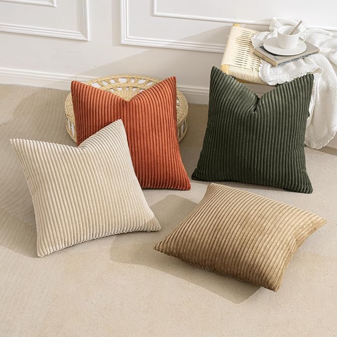 MIULEE Pack of 4 Rust-Olive Green Corduroy Decorative Throw Pillow Covers 16x16 Inch Soft Boho Striped Pillow Covers Modern Farmhouse Home Decor for Winter Sofa Living Room Couch Bed
