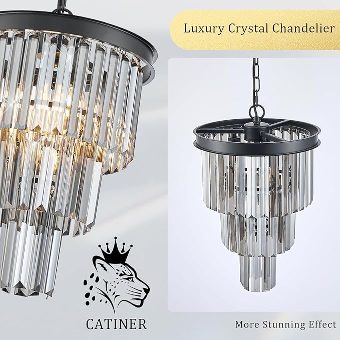 Black 3 Tiers Crystal Pendant Light, 3 Pack Mini Smoke Gray K9 Crystal Chandelier Modern Pendant Light Fixture for Kitchen Island Dining Room Hallway Bedroom Closet