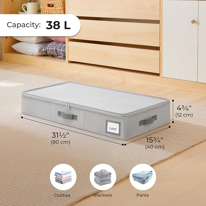 Cupic Cupid Under Bed Storage Containers, 2 Pack Foldable Organizer with Lid for Bedroom, Underbed Storage Box for Blankets, Clothes, Shoes, Grey