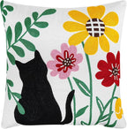 Adabana Neutral Decorative Floral Pillow Covers 18x18 Inch Boho Embroidered Throw Pillow Cover Square Farmhouse Couch Cushion Cases for Bed Sofa Bedrrom Living Room Decor,Black Cat