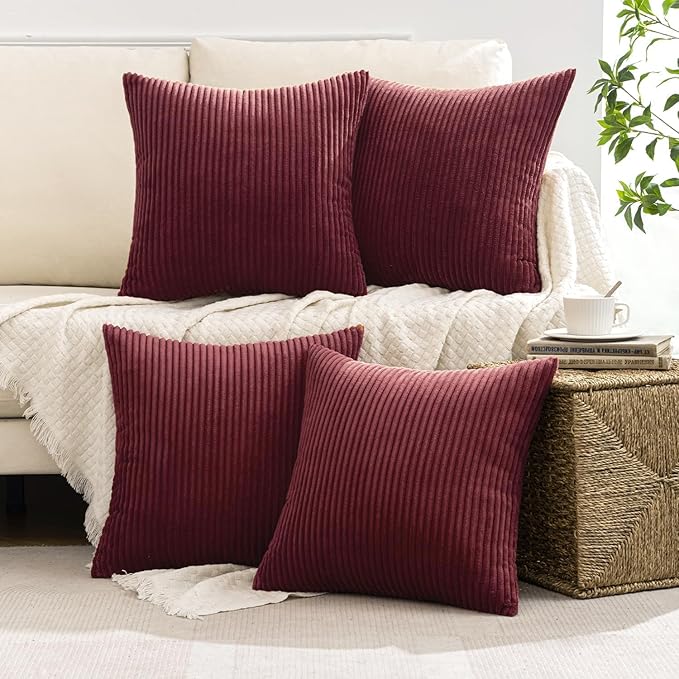 MIULEE Boho Farmhouse Throw Pillow Covers 16x16 Inch Set of 4 Mordern Nordic Cushion Covers Soft Corduroy Christmas Home Decor for Couch Bed Sofa Living Room Burgundy