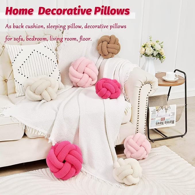Uvvyui Knot Pillow Ball, Soft Hot Pink Home Decor Knotted Pillows, Handmade Round Plush Throw Pillow, Aesthetic & Cute Large Decorative Pillows for Bed, Floor, Couch, Bedroom Home Decor 11 inches