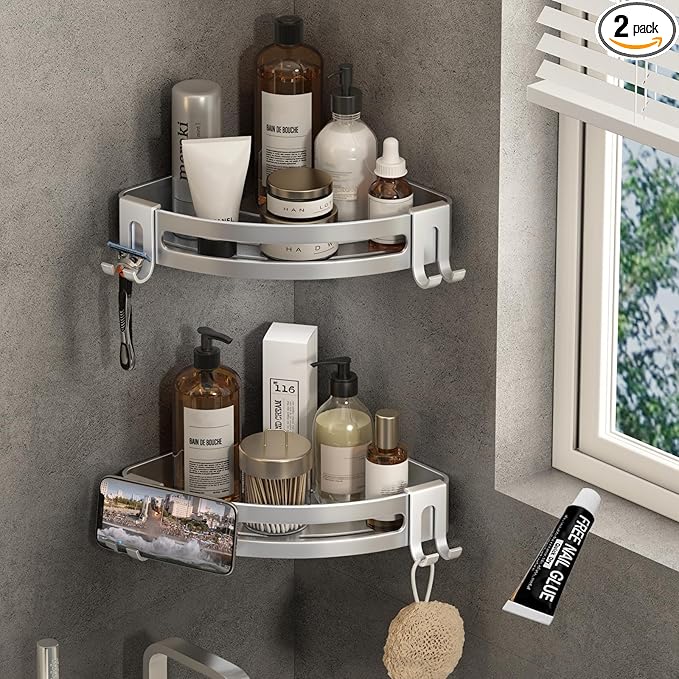 VOLPONE Shower Corner Shelf Caddy 2 Pack shower Organizer No Drill (adhesive mounting, no suction cup) Shower Storage Rust Proof Bathroom Corner Wall Shelf shampoo holder Silver