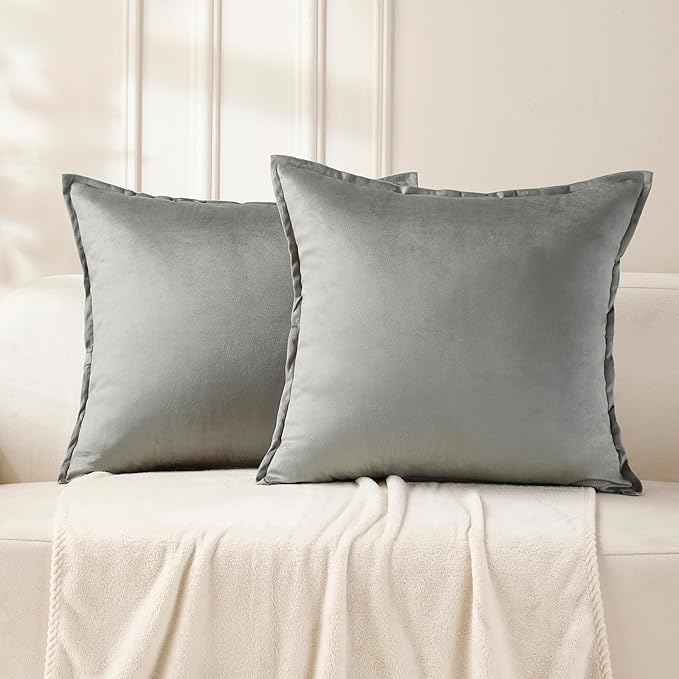 VAKADO Throw Pillow Covers 16x16 Set of 2 Grey Velvet Decor Decorative Couch Cushion Autumn Fall Euro Pillowcases with Fringe Home Bed Decoration for Sofa Bedroom Office