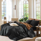 MooMee Bedding Duvet Cover Set 100% Washed Cotton Linen Like Textured Breathable Durable Soft Comfy (Solid Black, Cal King 104"x98")