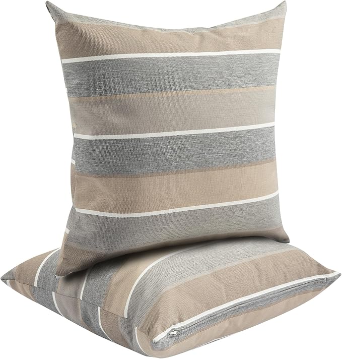 Outdoor Throw Pillows Water Resistant 18x18 inch,Decorative Throw Pillow with Insert Set of 2,Hidden Zipper Headrests for Patio Furniture Sofa Couch Chair(Gray Stripe)