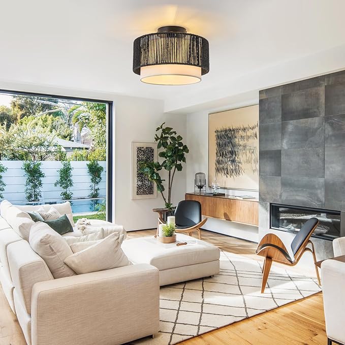 SineRise 12'' Rattan Flush Mount Ceiling Light Fixture,2-Tier Drum Hand-Woven Boho Flush Mount Ceiling Light,Farmhouse Light Fixture for Living Room,Kitchen,Bedroom Foyer Entryway ect.（Black）
