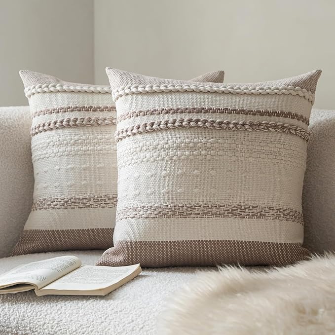 Boho Throw Pillow Covers 20x20 Inch Set of 2, Khaki Textured Decorative Couch Pillow Cases for Farmhouse Home Decor, Accent Cushion Cover for Sofa, Bed, Living Room, Bedroom