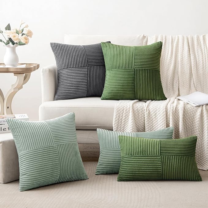 MIULEE 24x24 inch Euro Greyish Green Corduroy Pillow Covers Pack of 2 Boho Decorative Spliced Throw Pillow Covers Soft Solid Couch Pillowcases Cross Patchwork Textured Covers for Living Room Bed Sofa