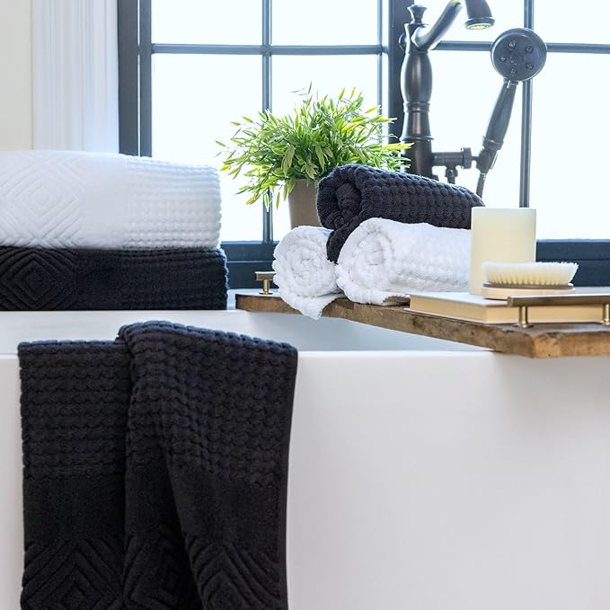 Texere 100% Organic Cotton Diamond Jacquard 700 GSM Luxury Bath Towel Sets - Ultra Soft and Absorbent Hotel and Spa Quality (Diamond, Black, 2 Bath Towels)