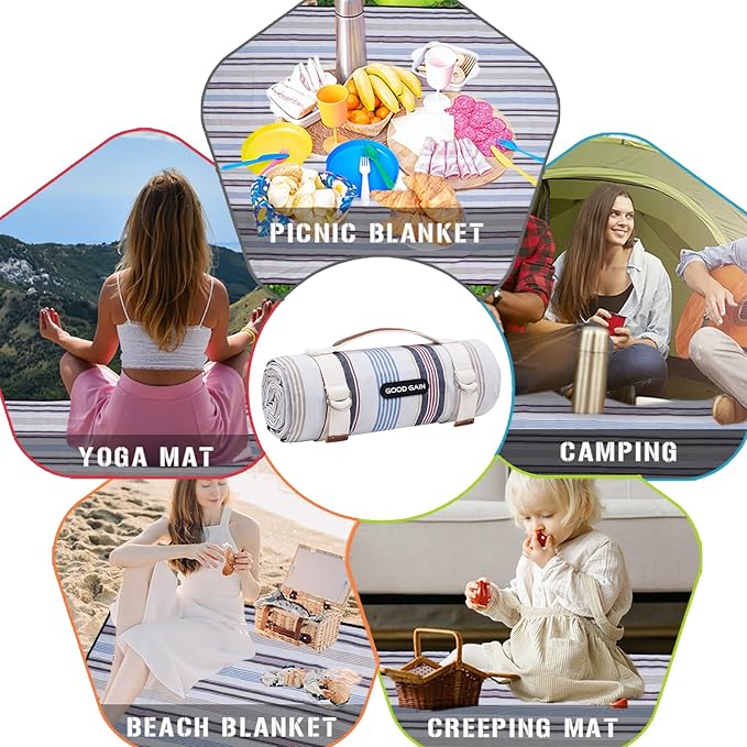 G GOOD GAIN Waterproof Picnic Blanket Portable with Carry Strap for Beach Mat or Family Outdoor Camping Party（Oyster）