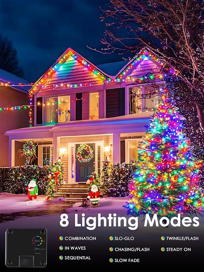 4pk Multi-Colored Solar Christmas Lights Outdoor Waterproof, 400 LED 132 FT Solar Powered LED String Lights Green Wire with 8 Modes, Solar Fairy Lights for Xmas Tree Party Wedding Garden Decorations