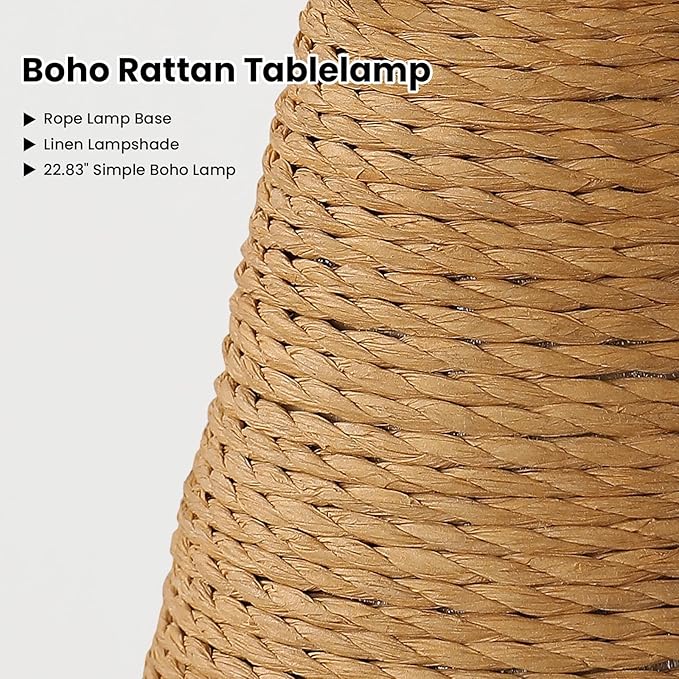 Rattan Lamp Boho Table Lamp - 23.62" Bedside Table Lamps for Bedroom Rustic Handmade Woven Lamp Nightstand Lamps with Pull Chain for End Table, Living Room, Farmhouse - E26 Socket (Beige-2PCS)