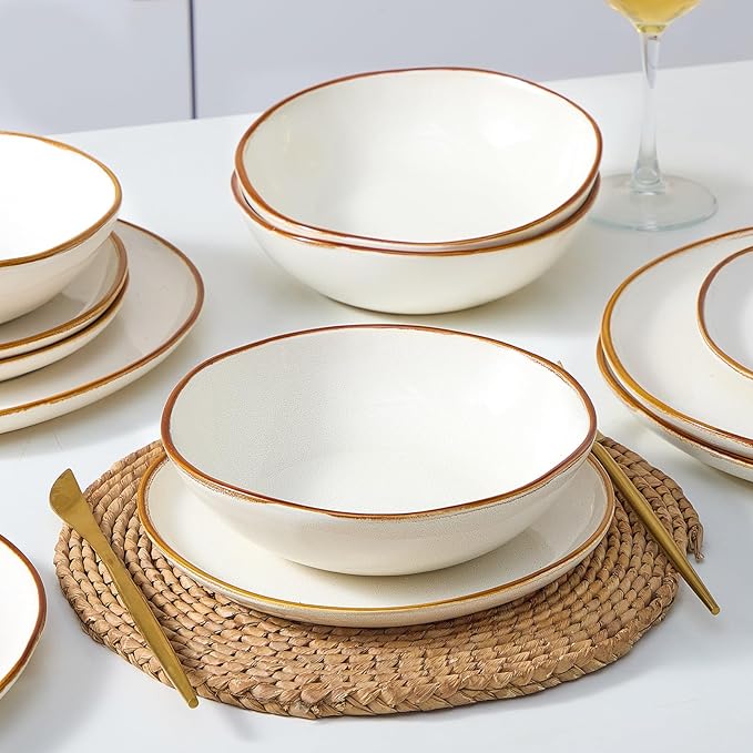 Bestone 12 Pieces Round Kitchen Dinnerware Sets，Plates and Bowls Sets,Dishes, Plates, Bowls, Dish Set, Chip Resistant Ceramic Dinnerware Set, Dishwasher/Microwave Safe,Service for 4,Pearl White